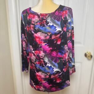 St. John Spring 2015 Abstract Floral Pink, Blue & Black Long Sleeve Top Size L